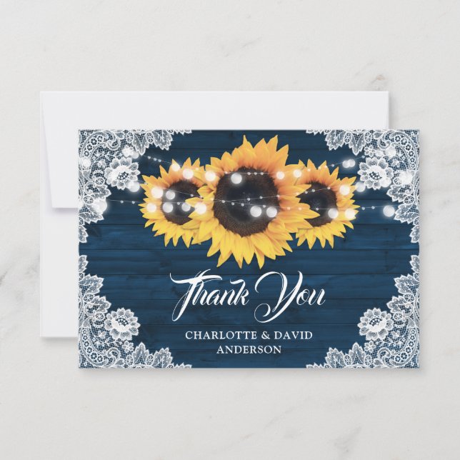 Rustic Navy Blue Sunflower Wedding Thank You Card (Front)