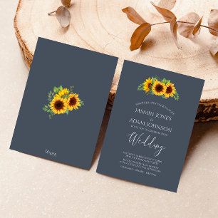 Rustic Navy Blue Sunflowers Boho Wedding Invitation