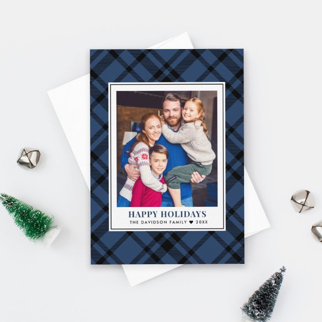 Rustic Navy Blue Tartan Plaid Happy Holidays Photo Holiday Card (Creator Uploaded)