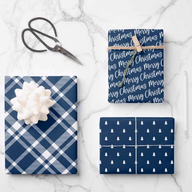 Rustic Navy Blue Tartan Plaid Merry Christmas Wrapping Paper Sheet (Front)