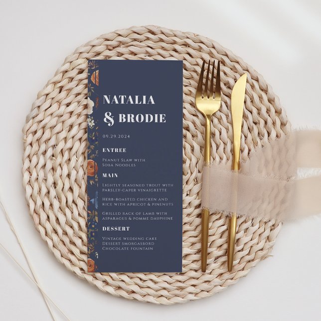 Rustic Navy Blue Terracotta Floral Wedding Menu (Creator Uploaded)