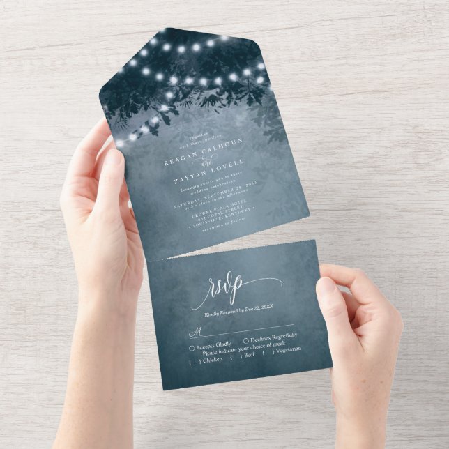 Rustic Navy Blue Tree String Lights Wedding All In One Invitation (Tearaway)