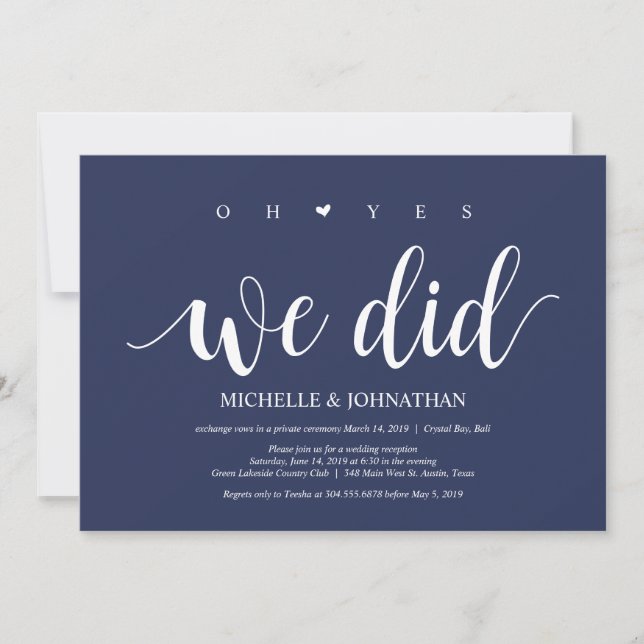 Rustic Navy Blue Wedding Elopement Reception Invitation (Front)