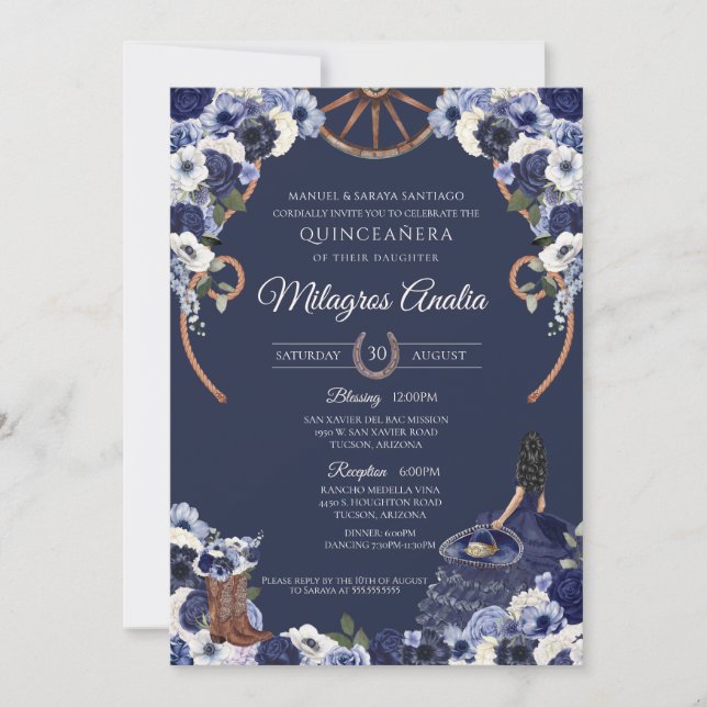 Rustic Navy Blue Western Charro Quinceanera  Invitation (Front)