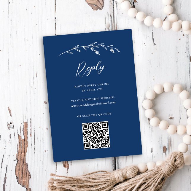 Rustic Navy Blue Wildflower QR Code Online Wedding RSVP Card (Creator Uploaded)