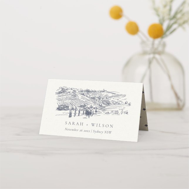 Rustic Navy Blue Winery Mountain Sketch Wedding Place Card (Front)