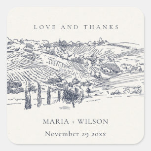 Rustic Navy Blue Winery Mountain Sketch Wedding Square Sticker