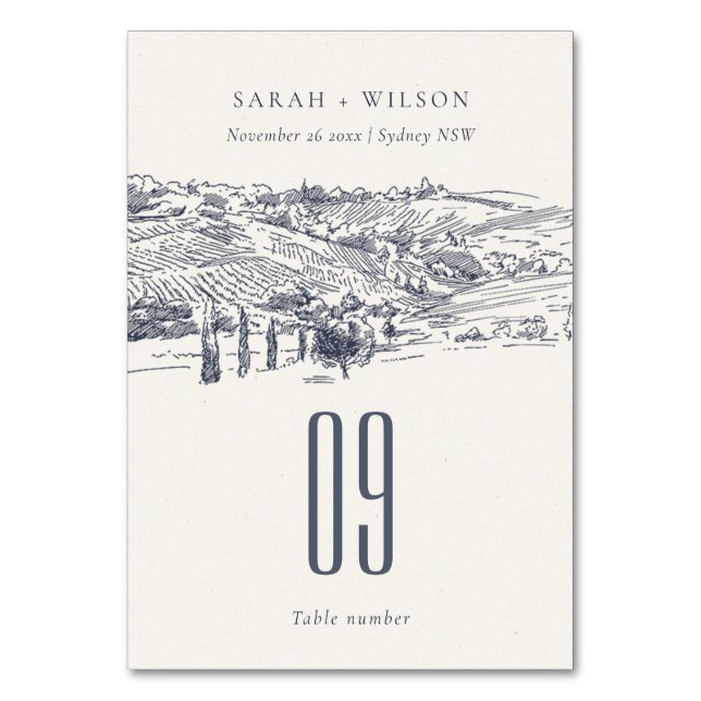Rustic Navy Blue Winery Mountain Sketch Wedding Table Number (Front)