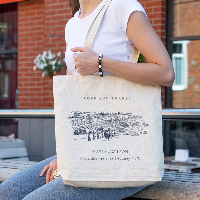 Rustic Navy Blue Winery Mountain Sketch Wedding Tote Bag (Creator Uploaded)
