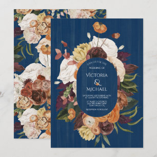 Rustic Navy Blue Wood Autumn Floral Wreath Wedding Invitation