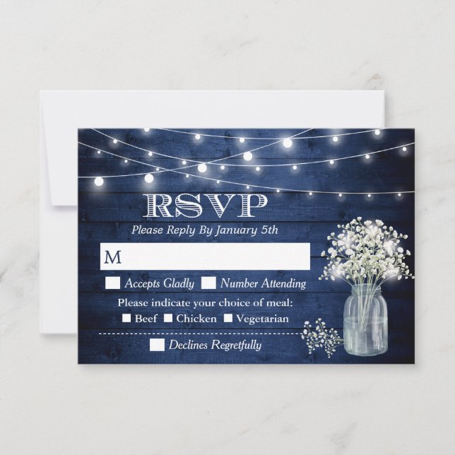 Rustic Navy Blue Wood Baby's Breath String Lights RSVP Card (Front)