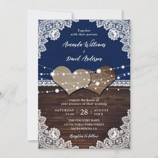 Rustic Navy Blue Wood Burlap Lace Wedding Invitation (Front)