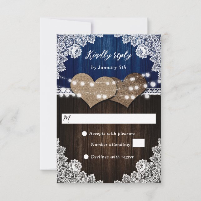 Rustic Navy Blue Wood Burlap Lace Wedding RSVP Card (Front)