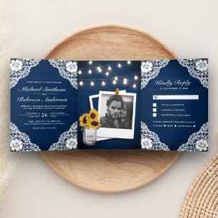 Rustic Navy Blue Wood Lace String Lights Wedding Tri-Fold Invitation