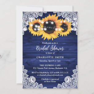 Rustic Navy Blue Wood Lace Sunflower Bridal Shower Invitation