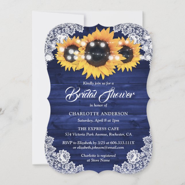 Rustic Navy Blue Wood Lace Sunflower Bridal Shower Invitation (Front)