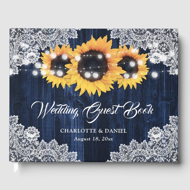 Rustic Navy Blue Wood Lace Sunflower Wedding Guest Book (Front)
