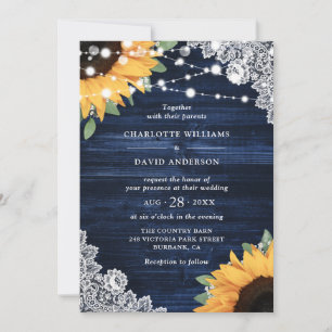 Rustic Navy Blue Wood Lace Sunflower Wedding Invitation