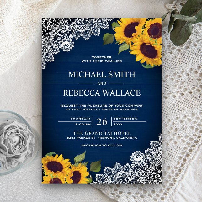Rustic Navy Blue Wood Lace Sunflower Wedding Invitation (Creator Uploaded)
