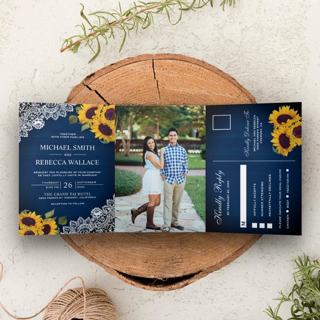 Rustic Navy Blue Wood Lace Sunflower Wedding Photo Tri-Fold Invitation (Creator Uploaded)