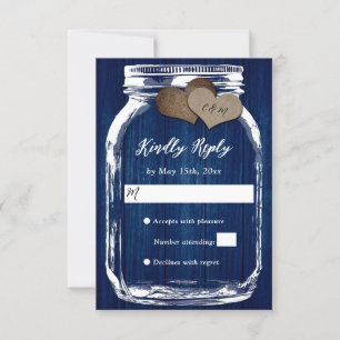 Rustic Navy Blue Wood Mason Jar Hearts Wedding RSVP Card