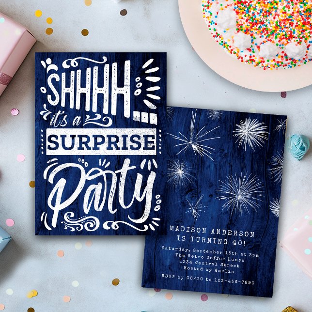 Rustic Navy Blue Wood Shh Surprise Birthday Party Invitation (Creator Uploaded)