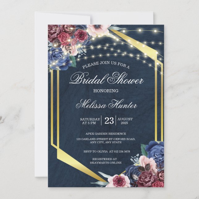 Rustic Navy Blue Wood String Light Bridal Shower Invitation (Front)