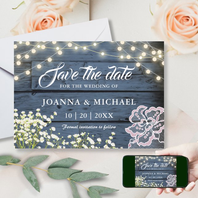 Rustic Navy Blue Wood String Lights & Lace Save The Date (Creator Uploaded)