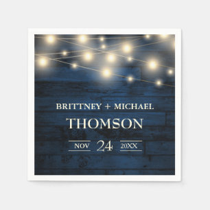 Rustic Navy Blue Wood String Lights Napkin