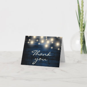 Rustic Navy Blue Wood String Lights Thank You Card