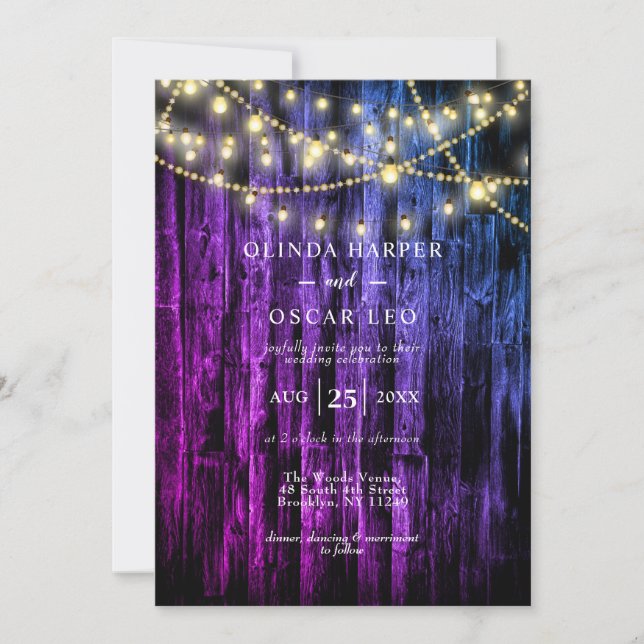 Rustic Navy Blue Wood String Lights Wedding Invita Invitation (Front)