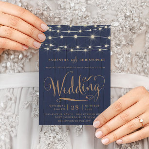 Rustic Navy Blue Wood & String Lights Wedding Invitation