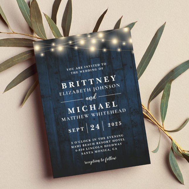 Rustic Navy Blue Wood String Lights Wedding Invitation (Creator Uploaded)