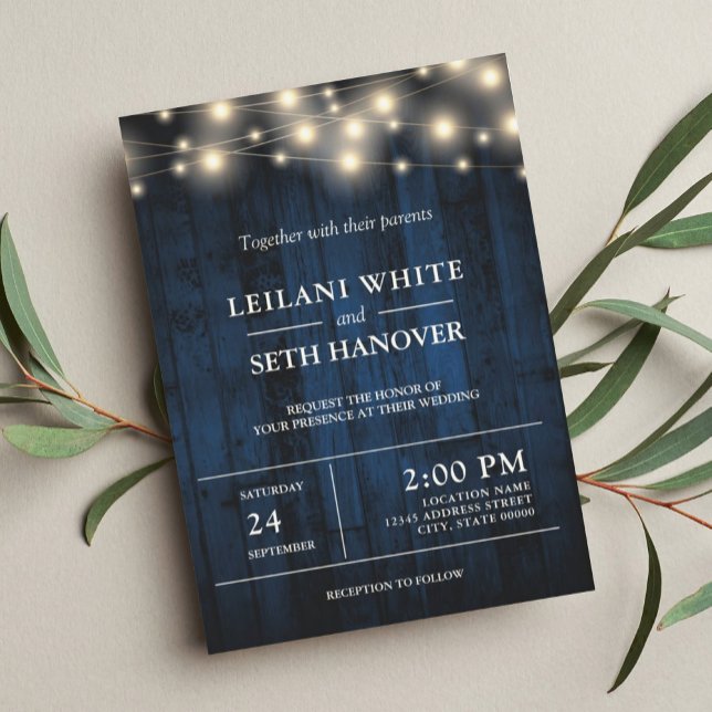 Rustic Navy Blue Wood String Lights Wedding Invitation (Creator Uploaded)