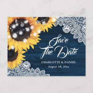 Rustic Navy Blue Wood Sunflower Wedding Announcement Postcard