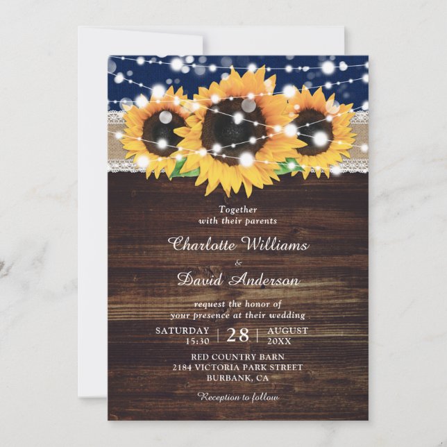 Rustic Navy Blue Wood Sunflower Wedding Invitation (Front)