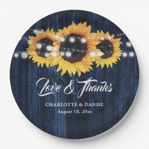 Rustic Navy Blue Wood Sunflower Wedding Paper Plate