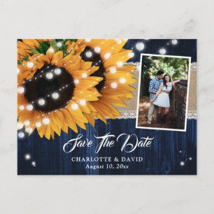 Rustic Navy Blue Wood Sunflower Wedding Photo Announcement Postcard