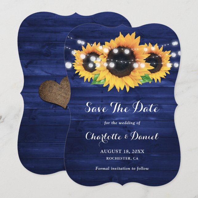 Rustic Navy Blue Wood Sunflower Wedding Save The Date (Front/Back)