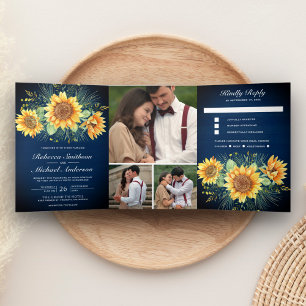 Rustic Navy Blue Wood Sunflowers Photo Wedding Tri-Fold Invitation