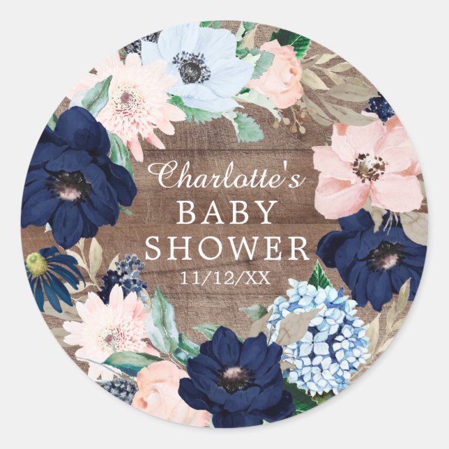 Rustic Navy & Blush Floral Baby Shower Favour Classic Round Sticker (Front)