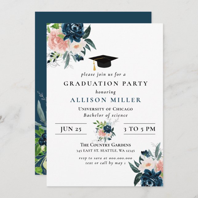 Rustic Navy Blush Floral Botanical Graduation Invitation (Front/Back)