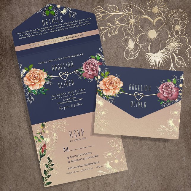 Rustic Navy Blush Floral Wedding All In One Invitation (Creator Uploaded)