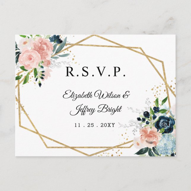 Rustic Navy Blush Gold Floral Geometric  RSVP Invitation Postcard (Front)