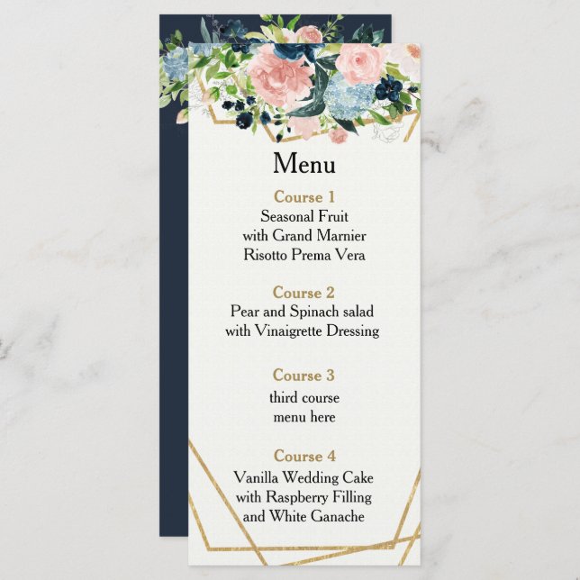 Rustic Navy Blush Gold Floral Geometric Wedding Menu (Front/Back)