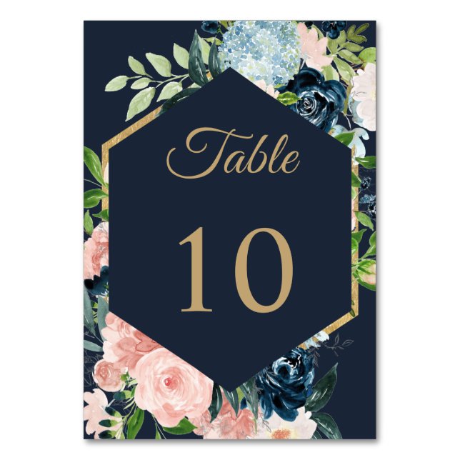 Rustic Navy Blush Gold Floral Geometric Wedding Table Number (Front)