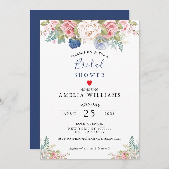 Rustic Navy Blush Pink Floral Bridal Shower  Invitation (Front/Back)