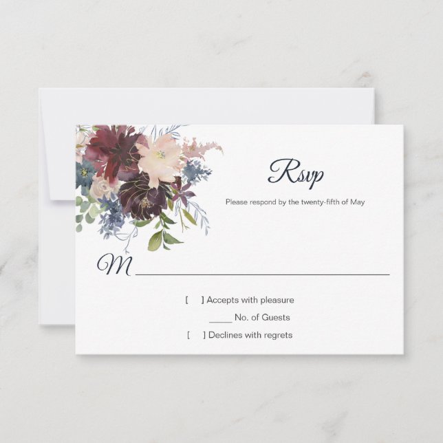 Rustic Navy Burgundy Gold Watercolor Floral RSVP Card (Front)