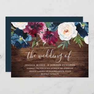 Rustic Navy Burgundy Red Burgundy Floral Wedding Invitation