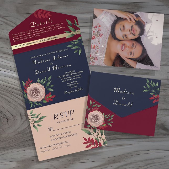 Rustic Navy Burgundy Wedding All In One Invitation (Creator Uploaded)